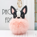 Dettaglio di portachiavi a bulldog francese con pompon in pelliccia rosa e anello oro - Rosa