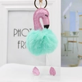 Detail of flamingo keychain with pink sequins and mint green faux fur pompom ball - 18*8cm / Light Green
