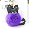 Detail of cute cat plush keychain featuring purple fur ball and black faux leather ears - Purple