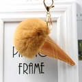 Plush ice cream cone keychain with faux fur ball and gold lobster clasp for bags - Brown