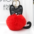 Cute black cat plush pom pom keychain with red fluffy fur ball and gold metal ring hook - Red