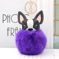 Dettaglio del portachiavi pompon viola in finta pelliccia con patch bulldog e anello oro - Viola