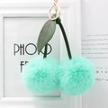 Cute mint green faux fur cherry keychain with green leather leaves and golden ring - Mint Green