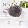 Detail of grey fluffy unicorn pompom keychain with holographic silver ears and pink mane - Dark Gray