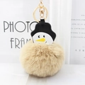 Detail of plush snowman keychain with faux fur pompom and golden lobster clasp closure - Khaki