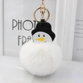 Plush Christmas snowman keychain with white faux fur pompom and golden keyring - White