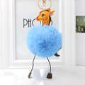 Detail of blue faux fur giraffe keychain with golden metal ring and lobster clasp - Blue