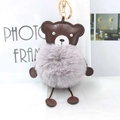 Cute brown PU bear keychain with fluffy grey faux fur ball and gold metal ring - Light Gray
