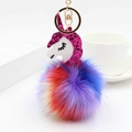 Rainbow fluffy unicorn keychain with gradient faux fur and gold lobster clasp decoration - 12*8cm / Rose Red