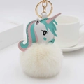 Porte-clés licorne mignon avec pompon en fausse fourrure et détails en cuir PU - Blanc Cassé