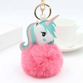 Détail d'un porte-clés pompon en fausse fourrure rose avec breloque licorne en cuir - Rose foncé