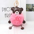 Pink faux rabbit fur pom pom keychain with brown PU leather bear features and gold hardware - Deep Pink
