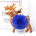 Close-up of reindeer faux fur keychain with blue pompom and golden lobster clasp detail - Sapphire Blue
