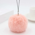 Close-up of a soft pink faux rabbit fur pom pom charm with silver ring and lanyard - Pink
