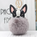 Portachiavi pompon bulldog francese in ecopelliccia con testa in pelle e anello oro - Grigio chiaro