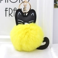 Cute black cat keychain with large yellow faux fur pom-pom and gold metal lobster clasp - Yellow