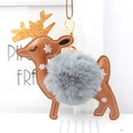 Detail of reindeer keychain with brown leather, gold antlers and grey faux fur pompom - Medium Grey