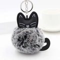 Detail showing the fluffy two-tone faux fur kitten keychain with embroidery and metal clip - Black And White With Silver Ring