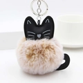 Cute two-tone faux fur kitten keychain with long brown plush and silver cat face detail - Khaki And White With Silver Ring