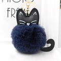 Cute navy blue plush cat fur ball keychain with golden metal ring for bags - Navy Blue