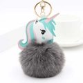 Détail d'un porte-clés licorne avec pompon en fourrure grise et finitions en simili cuir - Gris foncé