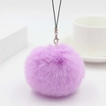 Close-up of fluffy purple faux rabbit fur pompom charm with silver lobster clasp and black cord - Violet