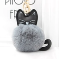 Cute grey fluffy pom-pom cat keychain with black PU leather details and golden metal ring - Medium Grey