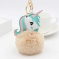 Détail d'un porte-clés licorne avec pompon en fausse fourrure brune et fermoir doré - Beige Café