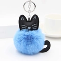 Close-up of fluffy blue faux fur cat pompom keychain with silver metal ring and chain - Blue