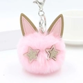 Porte-clés chat en peluche rose avec oreilles en simili cuir et yeux en sequins scintillants - Fermoir Argenté / Rose Clair