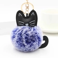 Detail of a purple faux fur cat pom-pom keychain with black leather ears and a golden ring - Royal Blue And White With Gold Ring