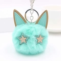 Porte-clés pompon vert menthe avec oreilles de chat et étoiles pailletées pour sac - Fermoir Argenté / Vert menthe