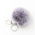 Macro detail of purple faux rabbit fur pom pom with silver metal keyring and lobster clasp - Frost Purple With Silver Buckle