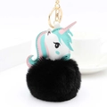 Porte-clés licorne bleu avec pompon en fausse fourrure noire et mousqueton doré chic - Noir