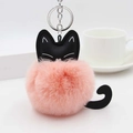 Close-up of pink fluffy cat pompom keychain with black leather ears and silver ring - Pink