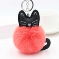 Pink plush pom pom cat keychain with black leather ears and silver metal hardware - Orange Red