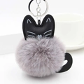 Cat plush keychain with black leather cat head and grey faux fur pom pom on a ring - Light Gray