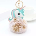 Détail d'un pompon en fausse fourrure et d'un porte-clés licorne en similicuir PU - Kaki Givré