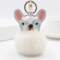 Porte-clés chiot mignon en cuir laser avec pompon en fausse fourrure blanche - Blanc Cassé