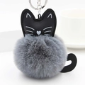 Gray faux fur pompom cat keychain with black leather ears and silver metal ring - Medium Grey