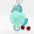 Creative plush seahorse keychain with mint green fluffy pom pom and silver metal ring - Mint Green