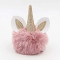 Detail of pink faux fur unicorn keychain with gold sequined horn and glittery ears - Lotus root pink