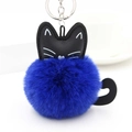 Cute dark blue plush cat pompom keychain with faux leather ears and silver ring - Sapphire Blue