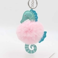 Creative seahorse keychain with mint green leather head and soft pink plush pom-pom - Light Pink