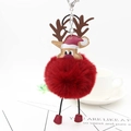 Detail of reindeer plush keychain with red faux fur pompom and silver metal lobster clasp - Burgundy