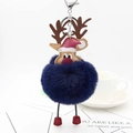 Dark blue plush reindeer pompom keychain with festive antlers and Santa hat for bags - Navy Blue