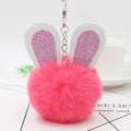 Llavero de pompón de piel sintética rosa fucsia con orejas de conejo y lentejuelas - Rojo Sandía