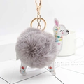 Gray plush alpaca pompom keychain with white floral leather accents and gold hardware - Light Gray