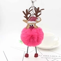 Detail of a rose red reindeer plush keychain with faux fur ball and silver metal clasp - Rose Red