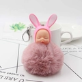Cute pink sleeping baby plush bunny keychain with fluffy pompom and silver metal hook - Lotus Pink